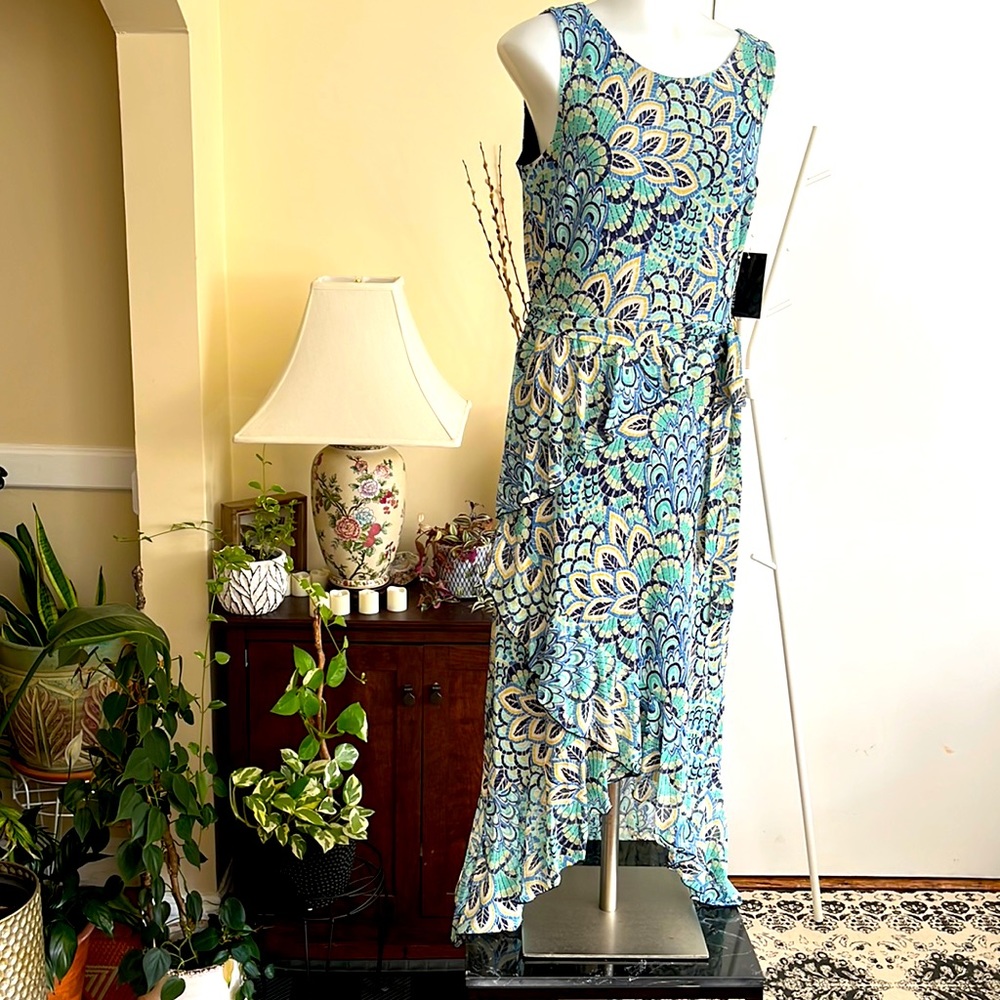 💙👗💃🏻Stella & Julie Peacock Pattern Sleeveless Long Dress-Blue Green- Women 8